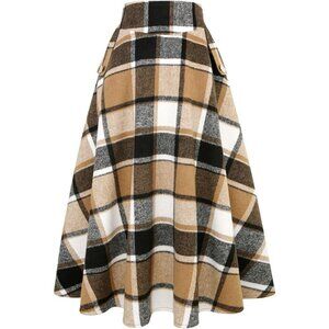 Women’s Plaid Brown Fall Winter High Waisted Wool Plaid A-line Long Skirt